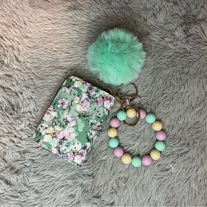 Green Floral Card Wallet with Keychain